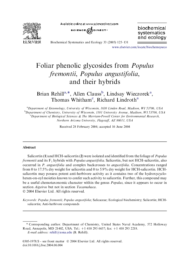 Foliar phenolic glycosides from Populus fremontii, Populus angustifolia, and their hybrids