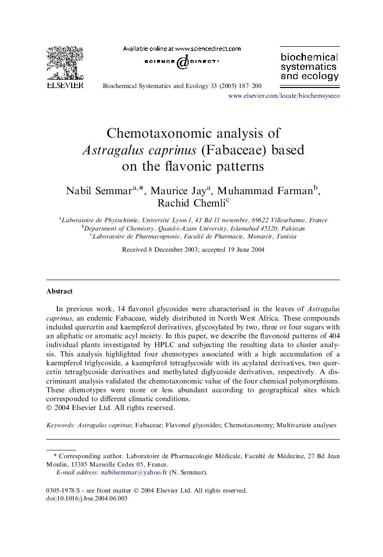 Chemotaxonomic analysis of Astragalus caprinus (Fabaceae) based on the flavonic patterns