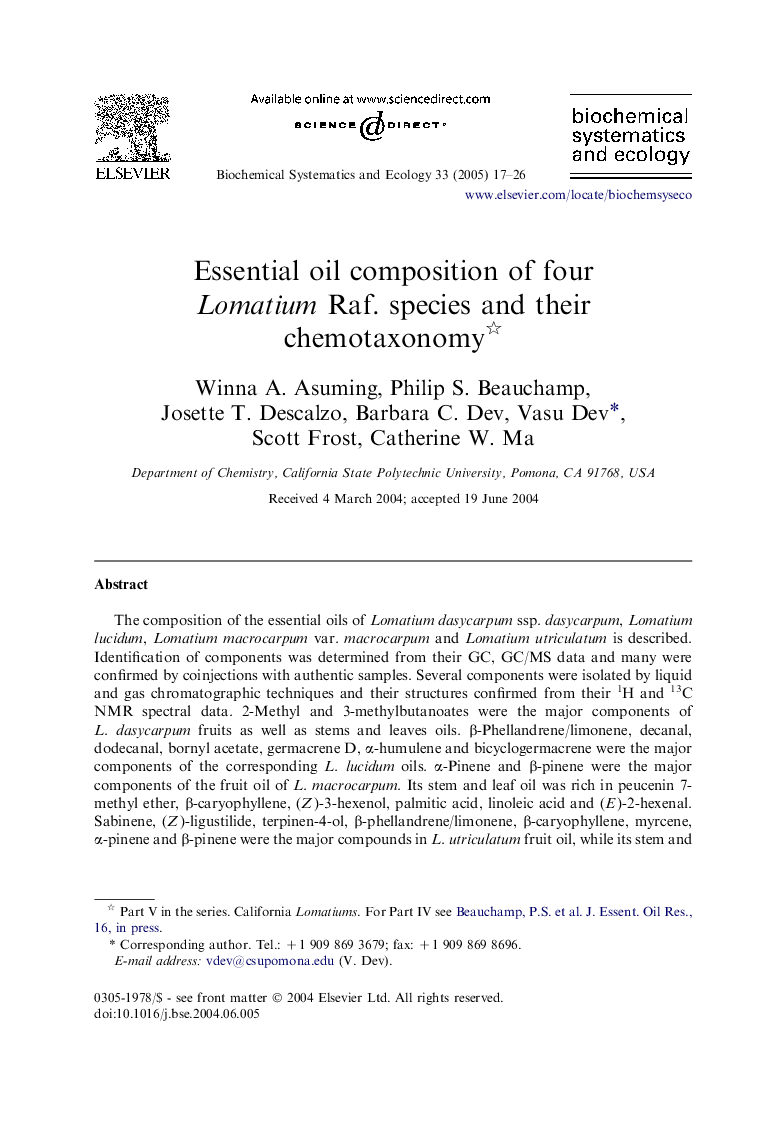 Essential oil composition of four Lomatium Raf. species and their chemotaxonomy