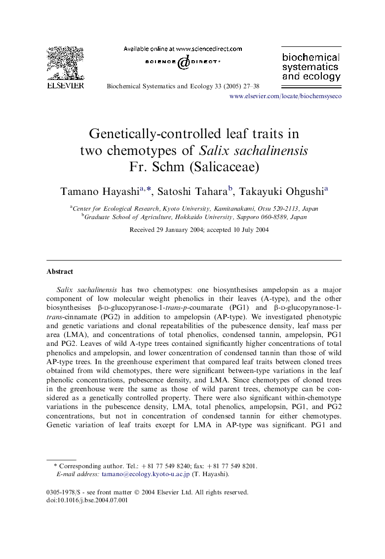 Genetically-controlled leaf traits in two chemotypes of Salix sachalinensis Fr. Schm (Salicaceae)