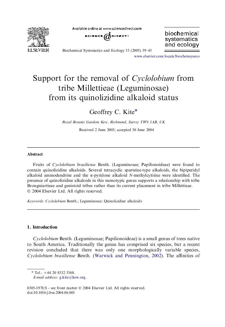 Support for the removal of Cyclolobium from tribe Millettieae (Leguminosae) from its quinolizidine alkaloid status