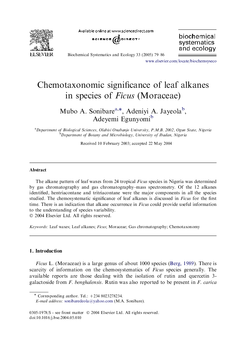 Chemotaxonomic significance of leaf alkanes in species of Ficus (Moraceae)