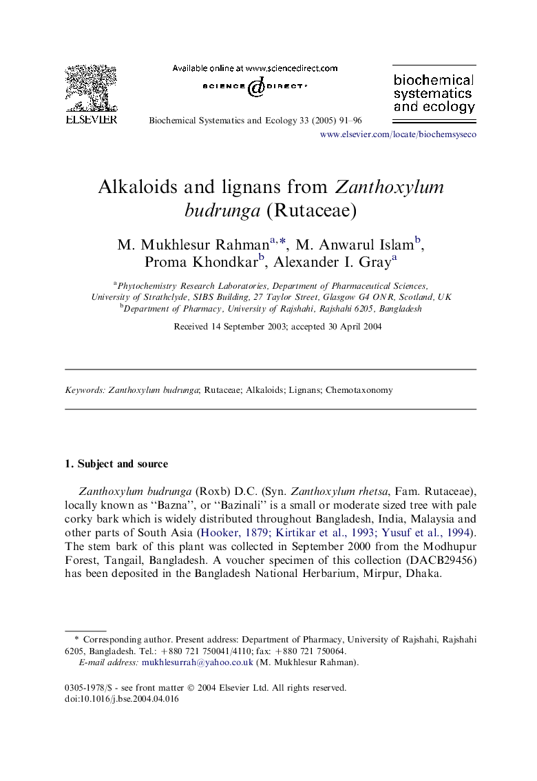 Alkaloids and lignans from Zanthoxylum budrunga (Rutaceae)