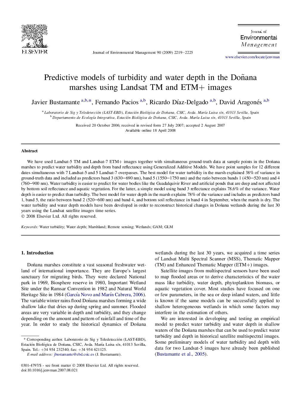 Predictive models of turbidity and water depth in the Doñana marshes using Landsat TM and ETM+ images