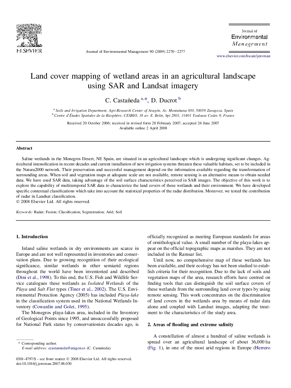 Land cover mapping of wetland areas in an agricultural landscape using SAR and Landsat imagery