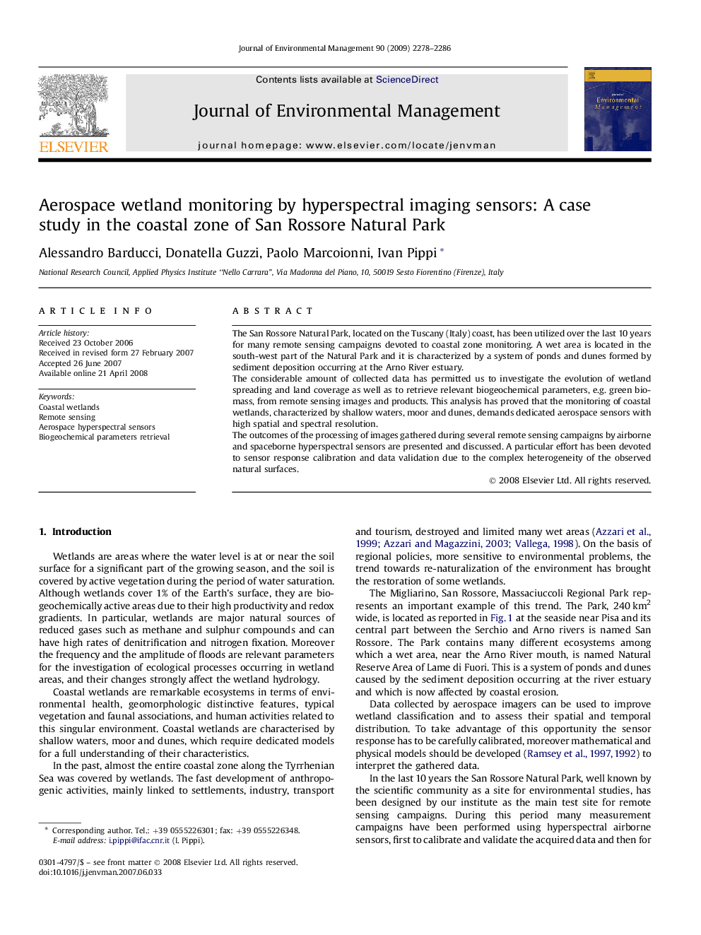 Aerospace wetland monitoring by hyperspectral imaging sensors: A case study in the coastal zone of San Rossore Natural Park