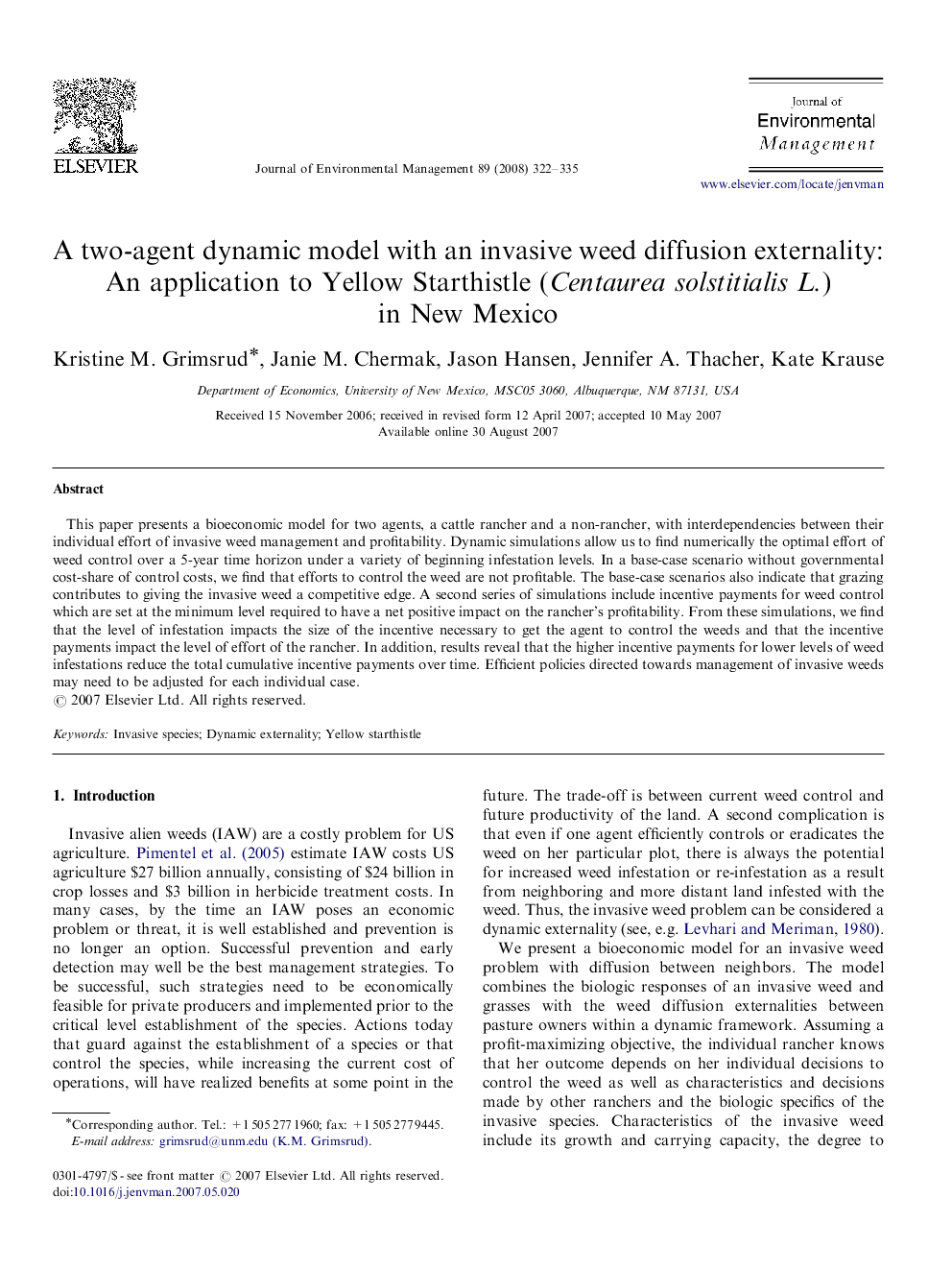 A two-agent dynamic model with an invasive weed diffusion externality: An application to Yellow Starthistle (Centaurea solstitialis L.) in New Mexico