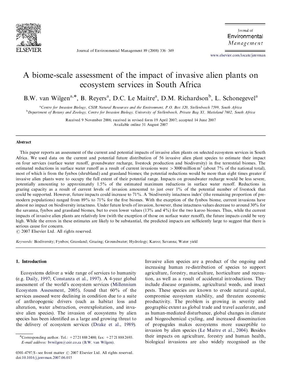 عکس صفحه اول مقاله: A biome-scale assessment of the impact of invasive alien plants on ecosystem services in South Africa A biome-scale assessment of the impact of invasive alien plants on ecosystem services in South Africa