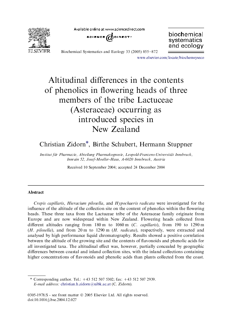 Altitudinal differences in the contents of phenolics in flowering heads of three members of the tribe Lactuceae (Asteraceae) occurring as introduced species in New Zealand