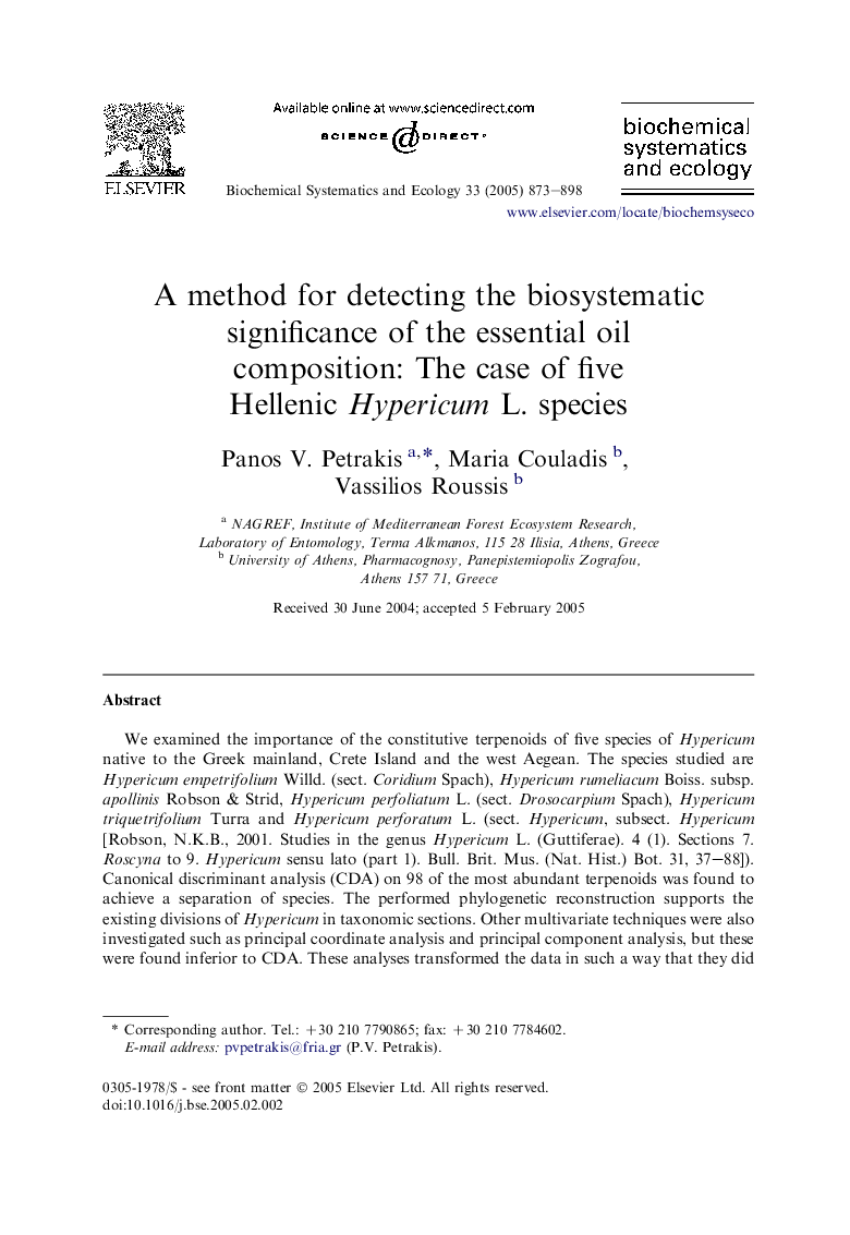 A method for detecting the biosystematic significance of the essential oil composition: The case of five Hellenic Hypericum L. species