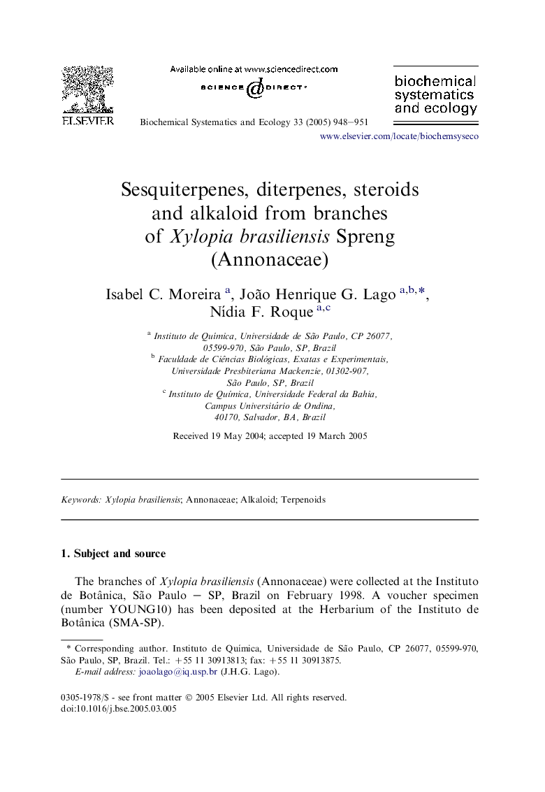 Sesquiterpenes, diterpenes, steroids and alkaloid from branches of Xylopia brasiliensis Spreng (Annonaceae)