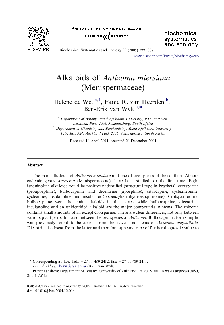 Alkaloids of Antizoma miersiana (Menispermaceae)