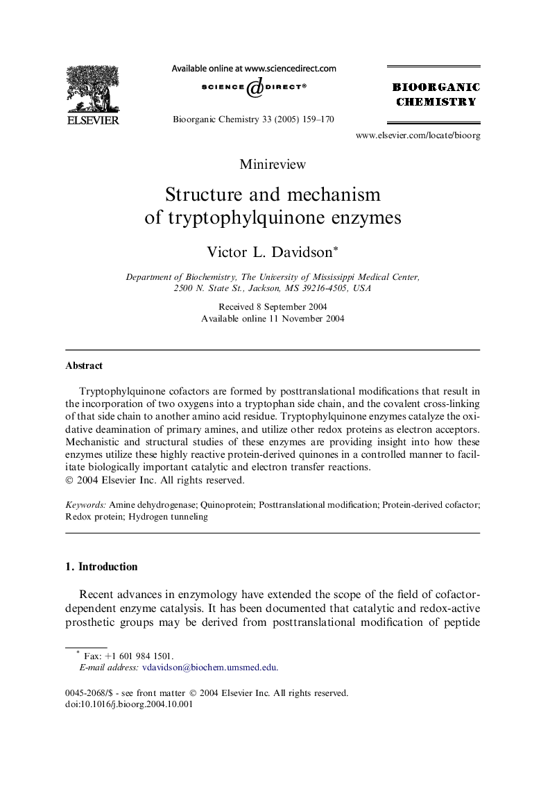 Structure and mechanism of tryptophylquinone enzymes