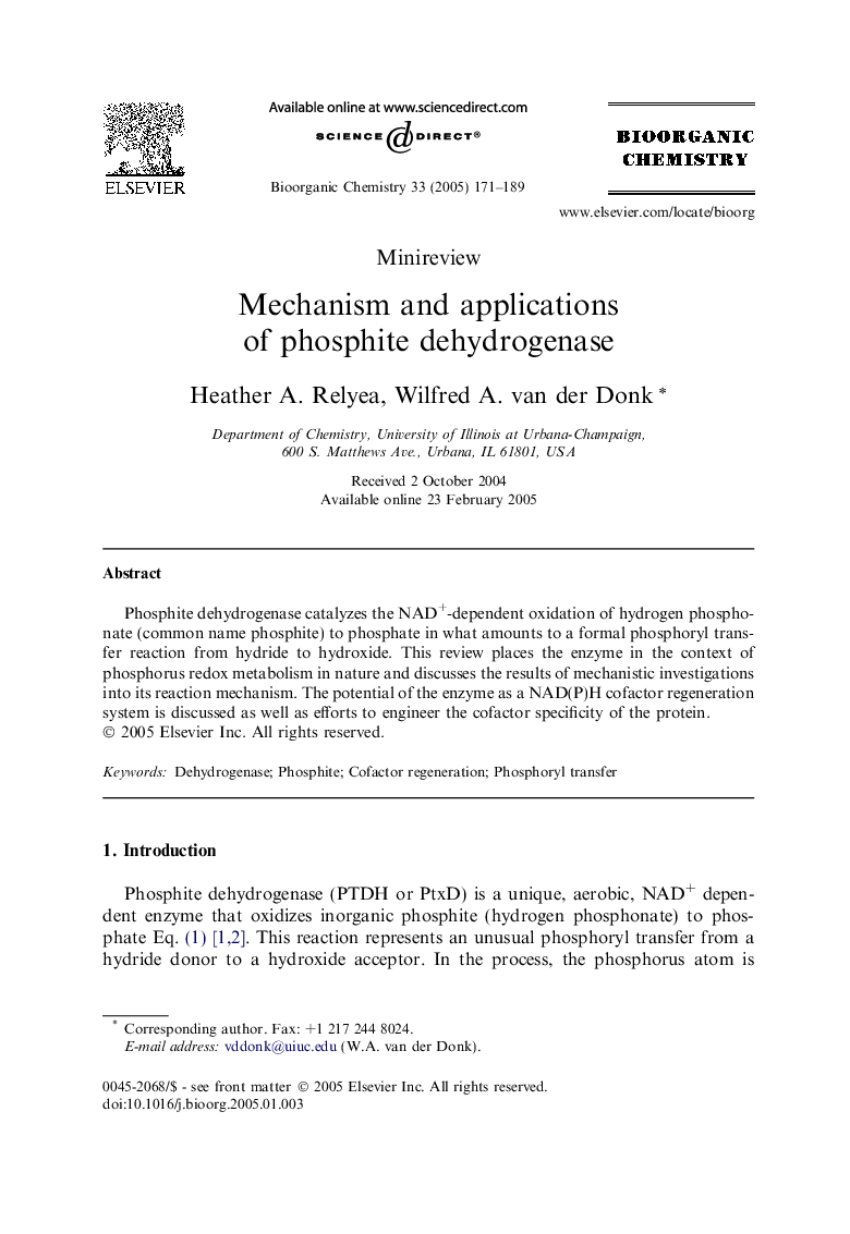 Mechanism and applications of phosphite dehydrogenase