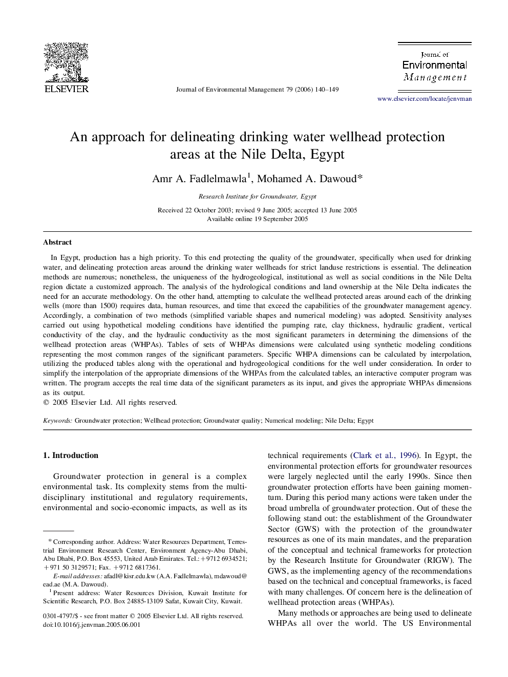 An approach for delineating drinking water wellhead protection areas at the Nile Delta, Egypt