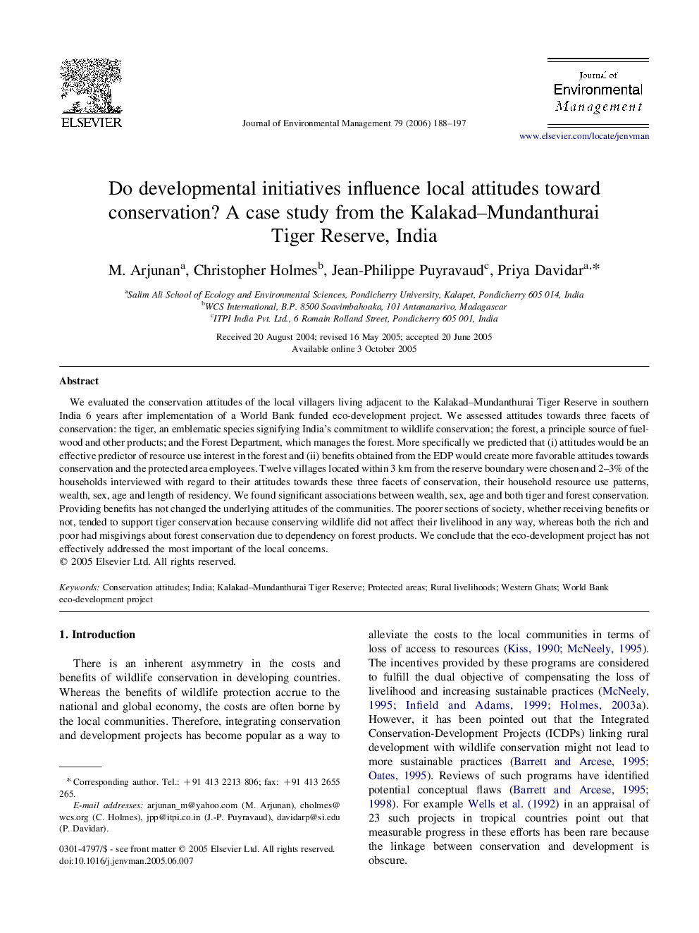 Do developmental initiatives influence local attitudes toward conservation? A case study from the Kalakad–Mundanthurai Tiger Reserve, India