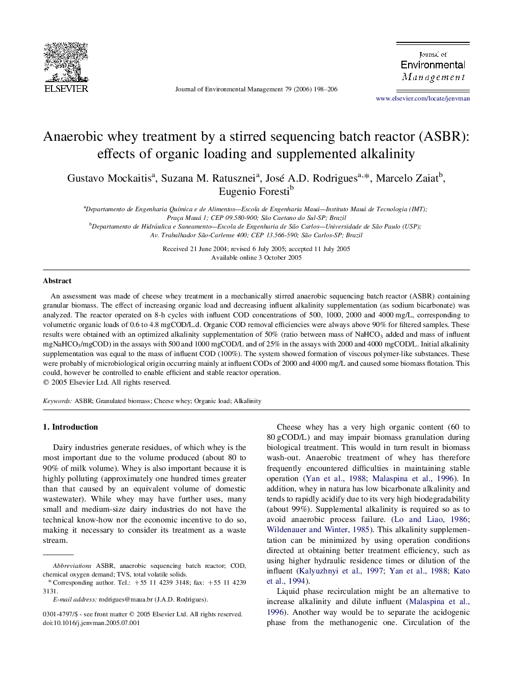 Anaerobic whey treatment by a stirred sequencing batch reactor (ASBR): effects of organic loading and supplemented alkalinity