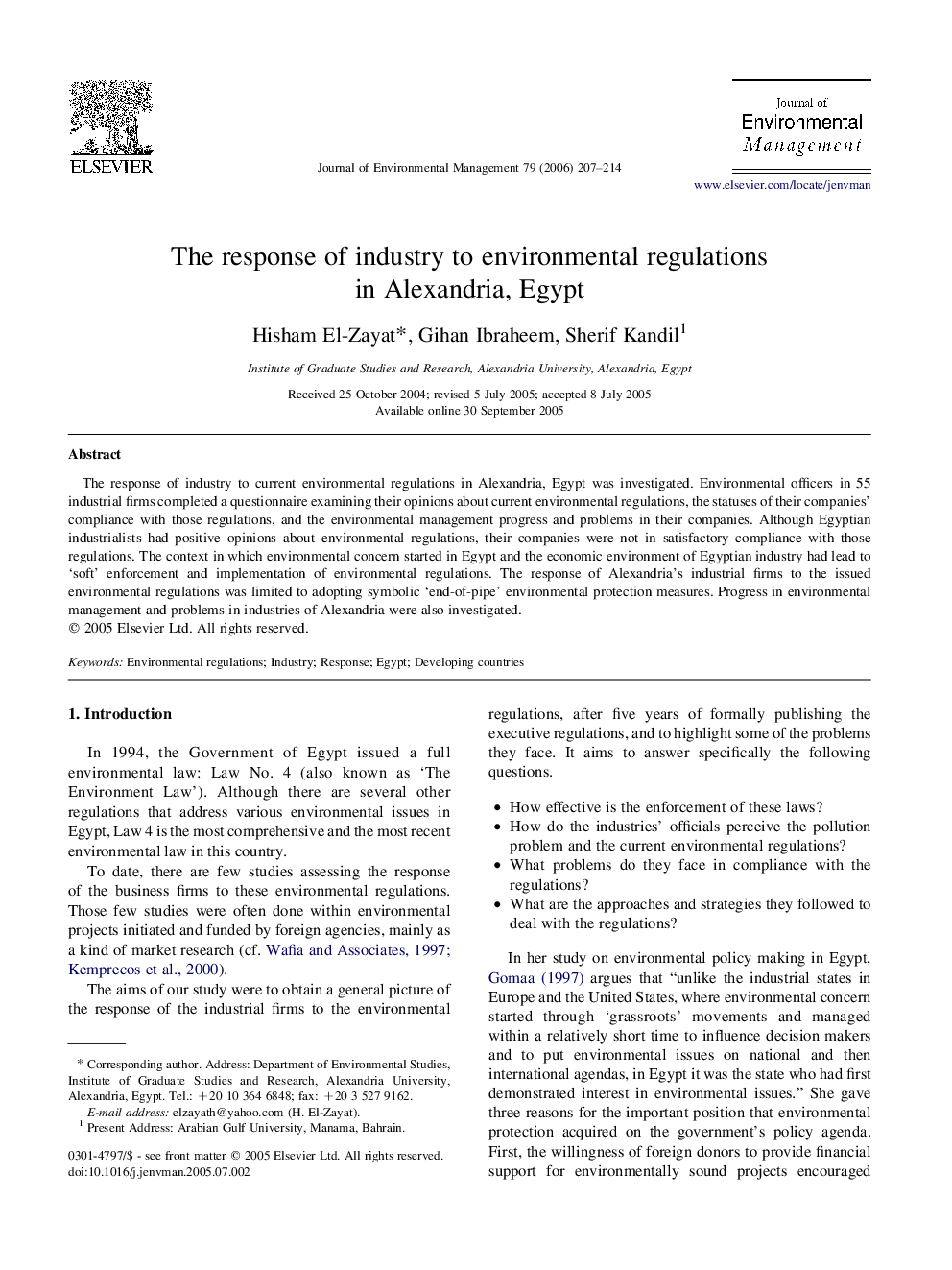 The response of industry to environmental regulations in Alexandria, Egypt