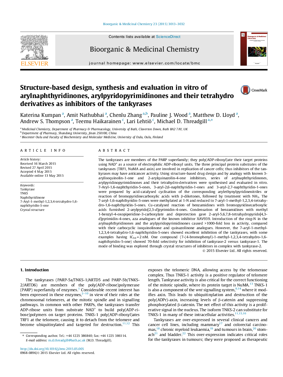 Structure-based design, synthesis and evaluation in vitro of arylnaphthyridinones, arylpyridopyrimidinones and their tetrahydro derivatives as inhibitors of the tankyrases