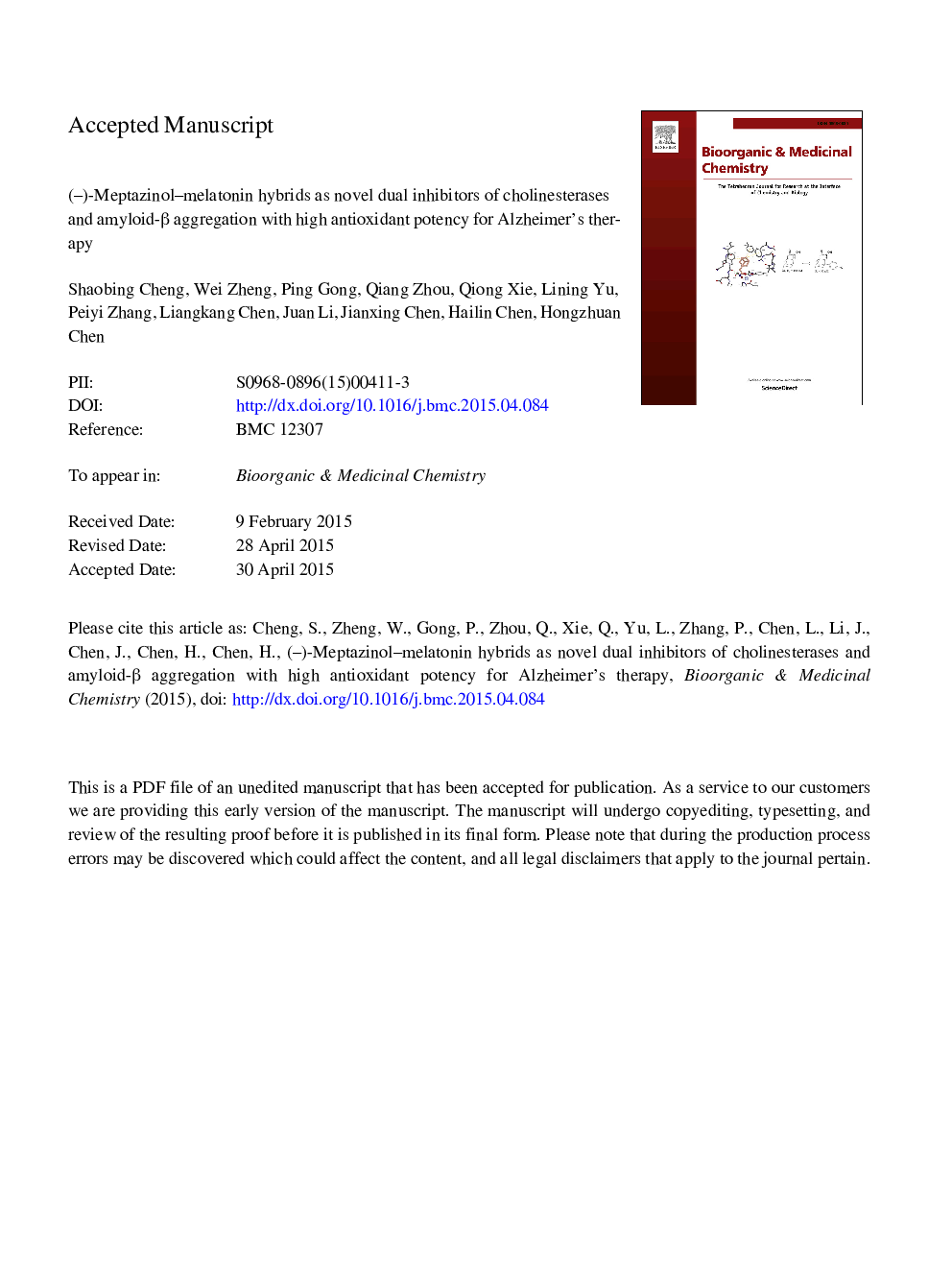 (â)-Meptazinol-melatonin hybrids as novel dual inhibitors of cholinesterases and amyloid-Î² aggregation with high antioxidant potency for Alzheimer's therapy