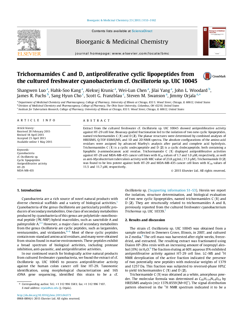 Trichormamides C and D, antiproliferative cyclic lipopeptides from the cultured freshwater cyanobacterium cf. Oscillatoria sp. UIC 10045