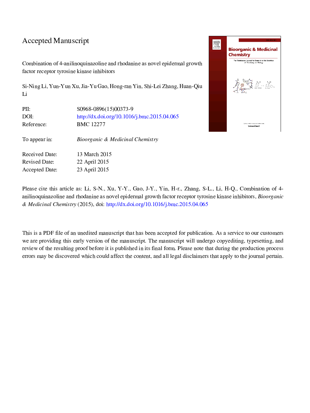 Combination of 4-anilinoquinazoline and rhodanine as novel epidermal growth factor receptor tyrosine kinase inhibitors