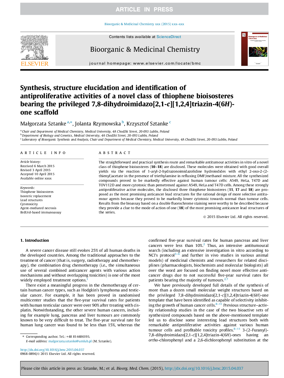 Synthesis, structure elucidation and identification of antiproliferative activities of a novel class of thiophene bioisosteres bearing the privileged 7,8-dihydroimidazo[2,1-c][1,2,4]triazin-4(6H)-one scaffold