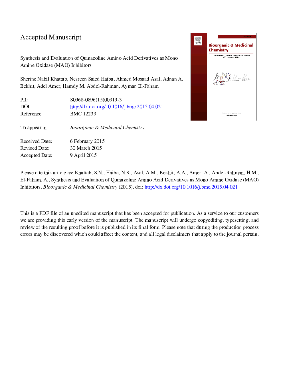 Synthesis and evaluation of quinazoline amino acid derivatives as mono amine oxidase (MAO) inhibitors