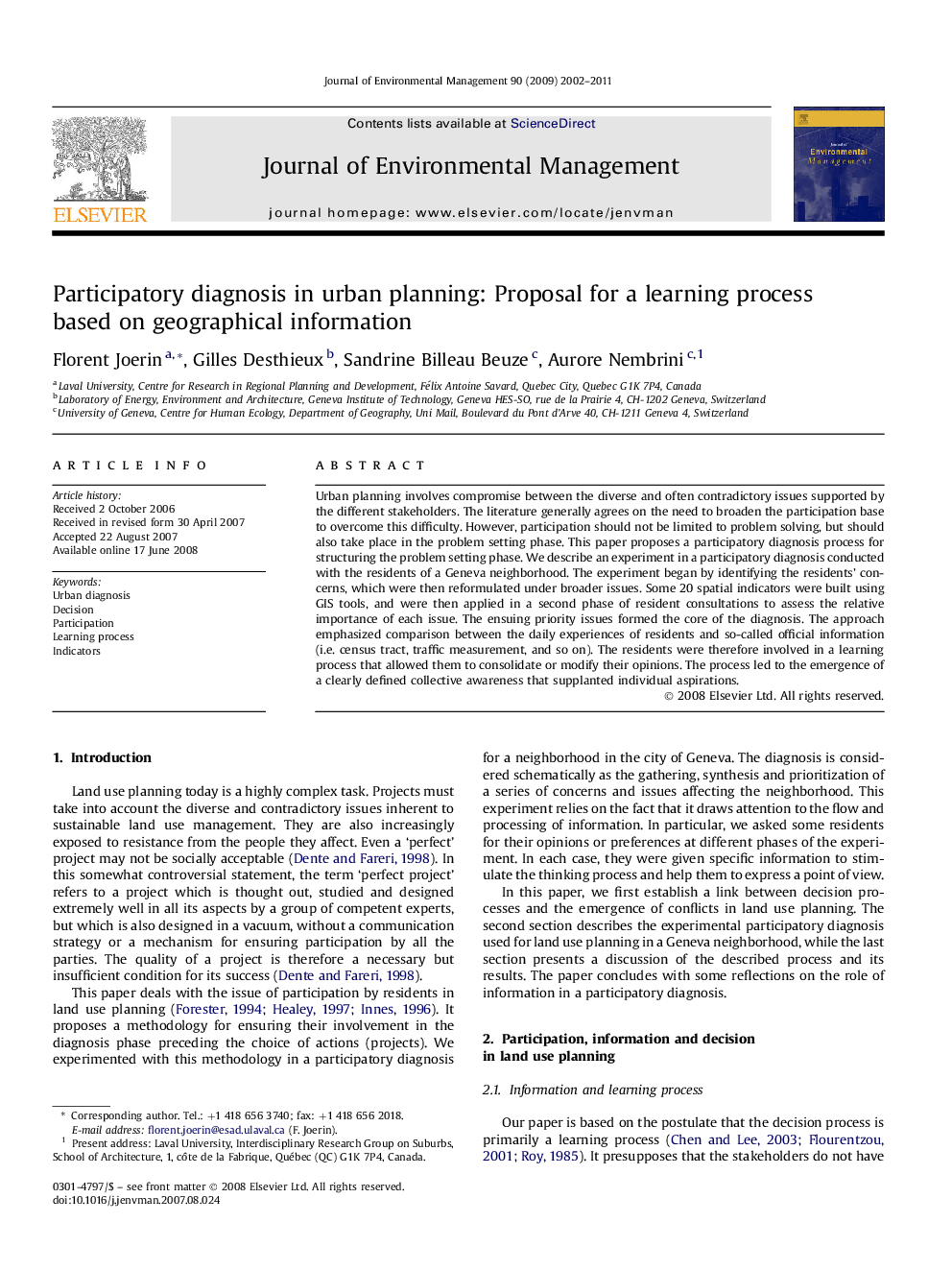 Participatory diagnosis in urban planning: Proposal for a learning process based on geographical information