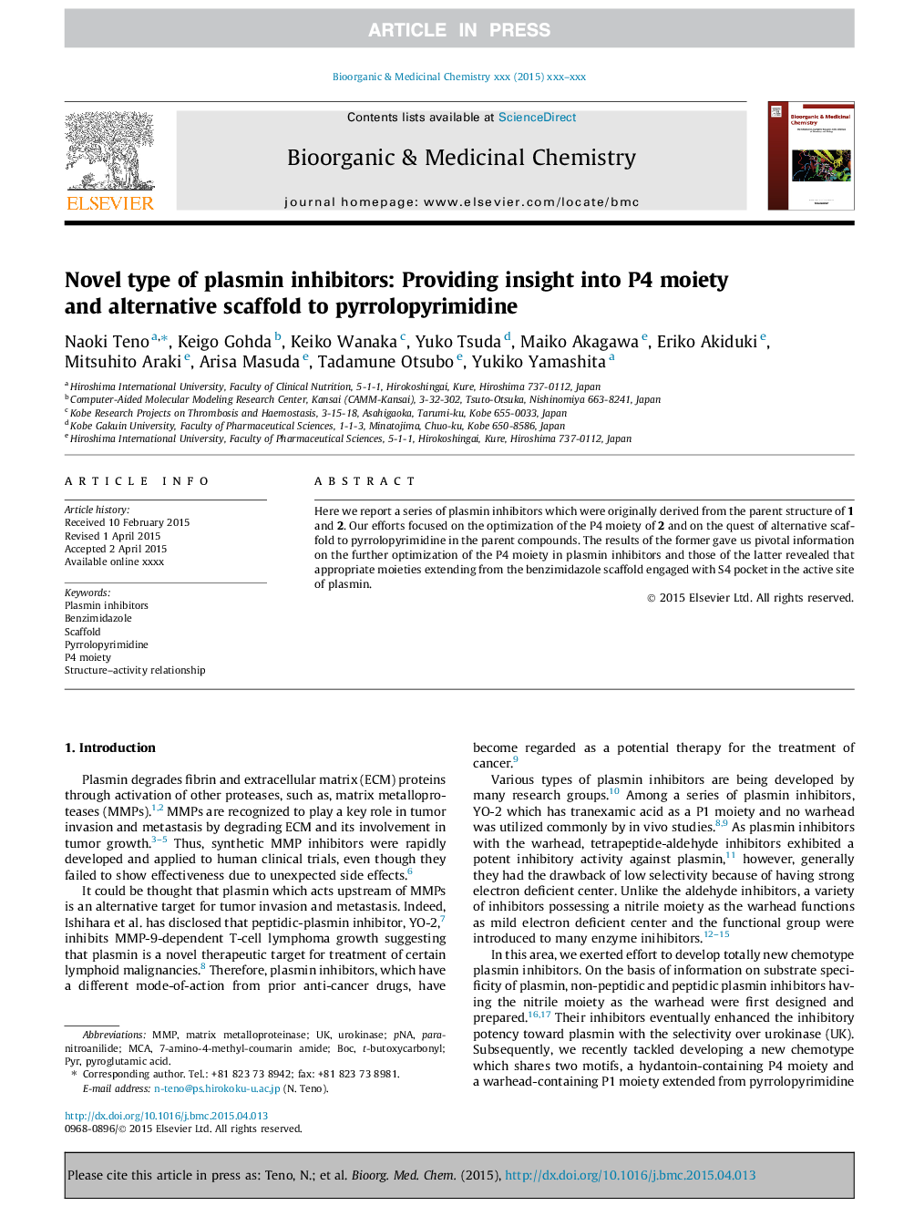 Novel type of plasmin inhibitors: Providing insight into P4 moiety and alternative scaffold to pyrrolopyrimidine