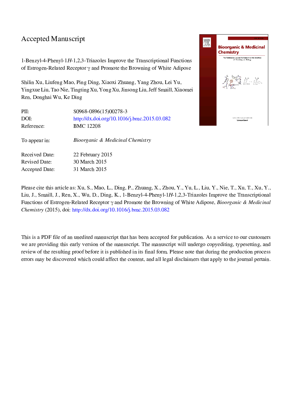 1-Benzyl-4-phenyl-1H-1,2,3-triazoles improve the transcriptional functions of estrogen-related receptor Î³ and promote the browning of white adipose