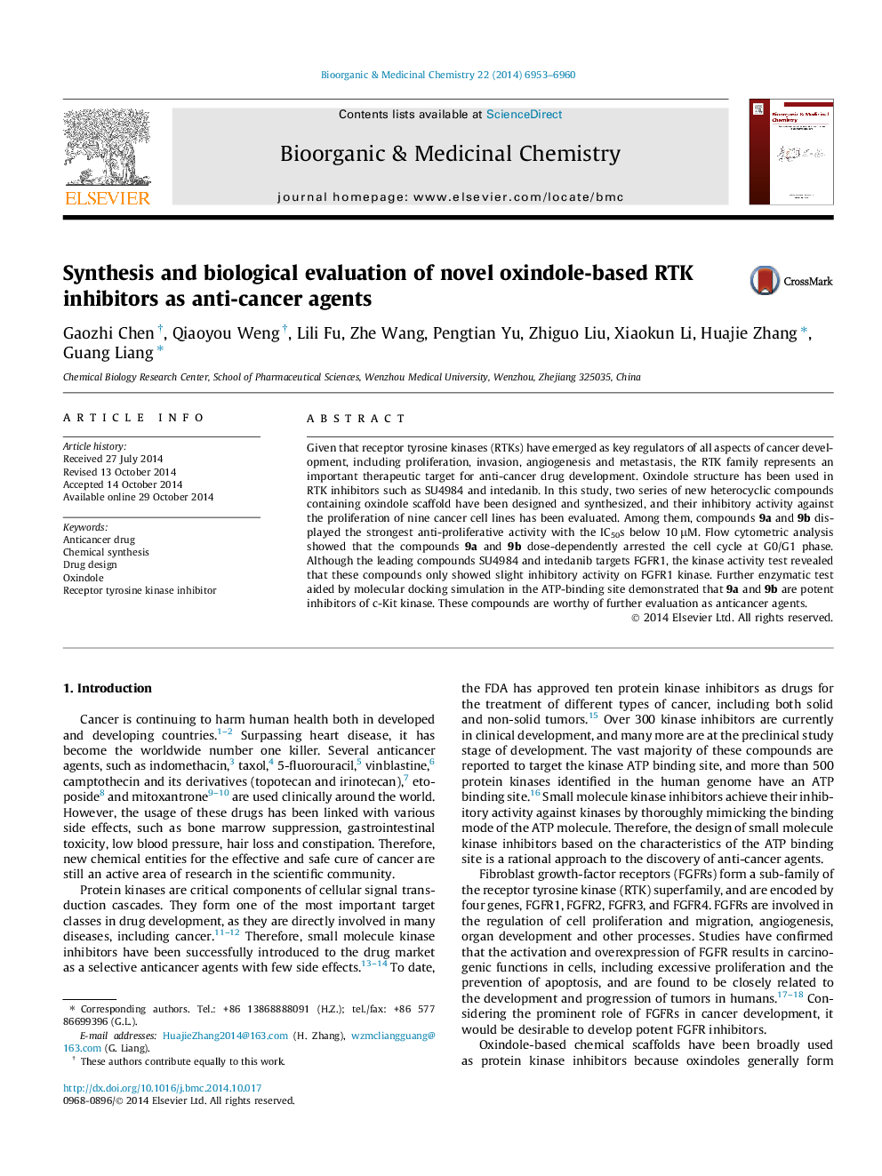 Synthesis and biological evaluation of novel oxindole-based RTK inhibitors as anti-cancer agents