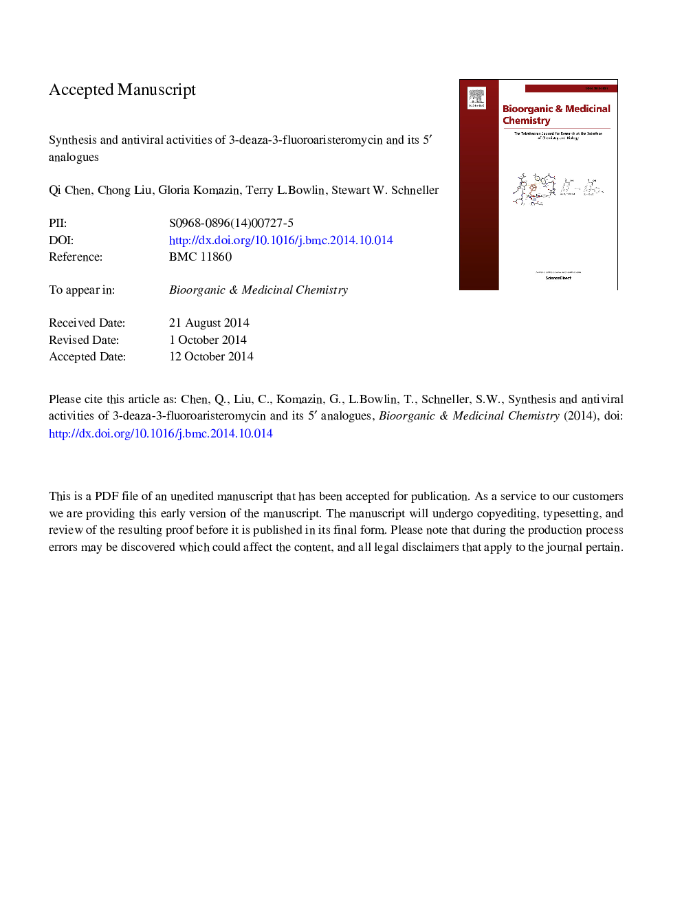 Synthesis and antiviral activities of 3-deaza-3-fluoroaristeromycin and its 5â² analogues