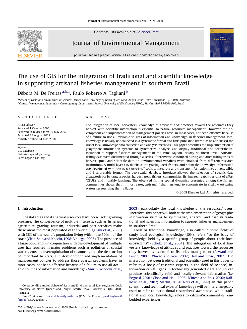 The use of GIS for the integration of traditional and scientific knowledge in supporting artisanal fisheries management in southern Brazil