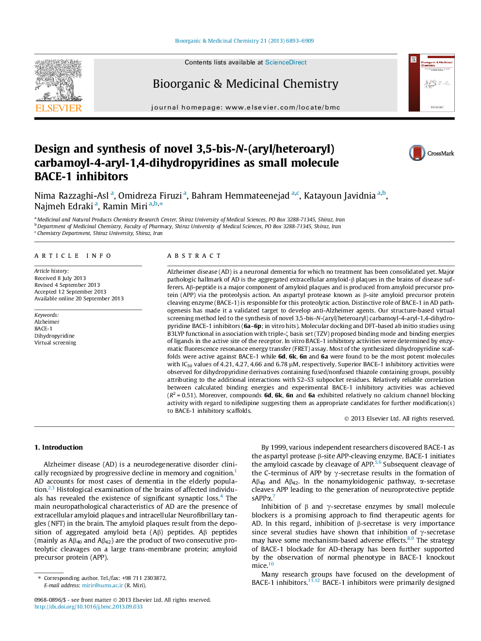 Design and synthesis of novel 3,5-bis-N-(aryl/heteroaryl) carbamoyl-4-aryl-1,4-dihydropyridines as small molecule BACE-1 inhibitors