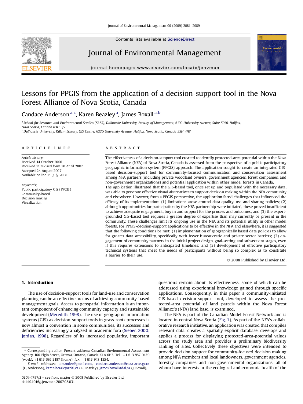 Lessons for PPGIS from the application of a decision-support tool in the Nova Forest Alliance of Nova Scotia, Canada