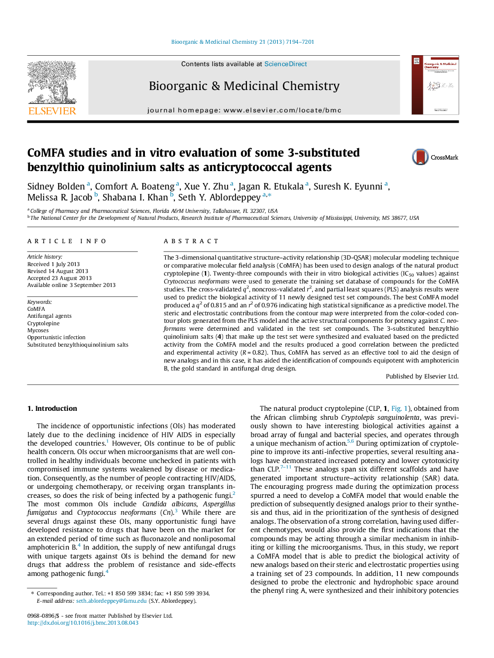 CoMFA studies and in vitro evaluation of some 3-substituted benzylthio quinolinium salts as anticryptococcal agents