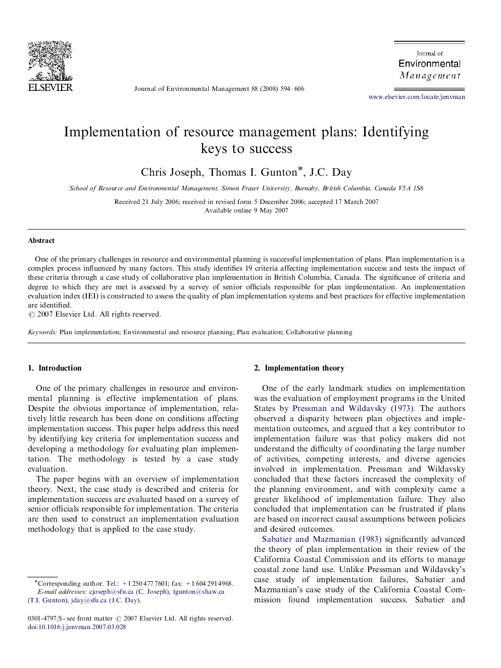 Implementation of resource management plans: Identifying keys to success