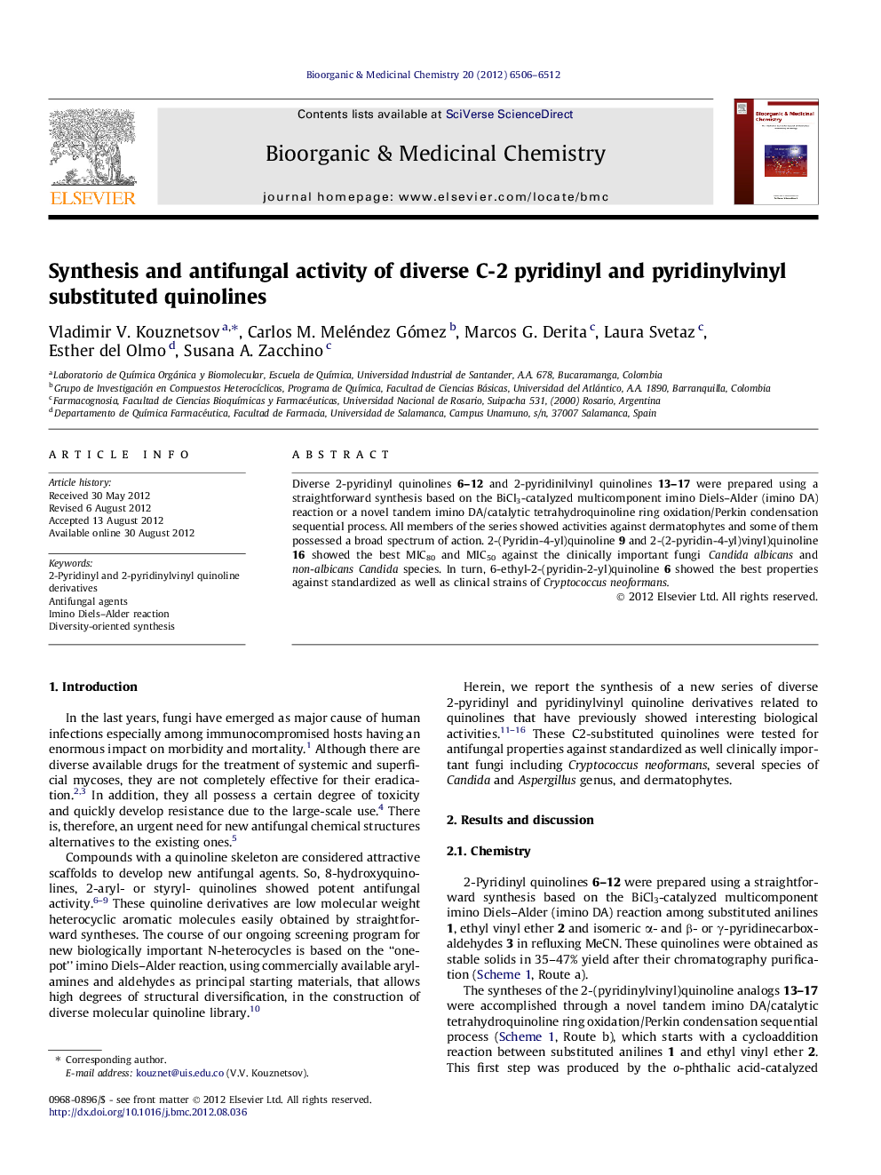 Synthesis and antifungal activity of diverse C-2 pyridinyl and pyridinylvinyl substituted quinolines