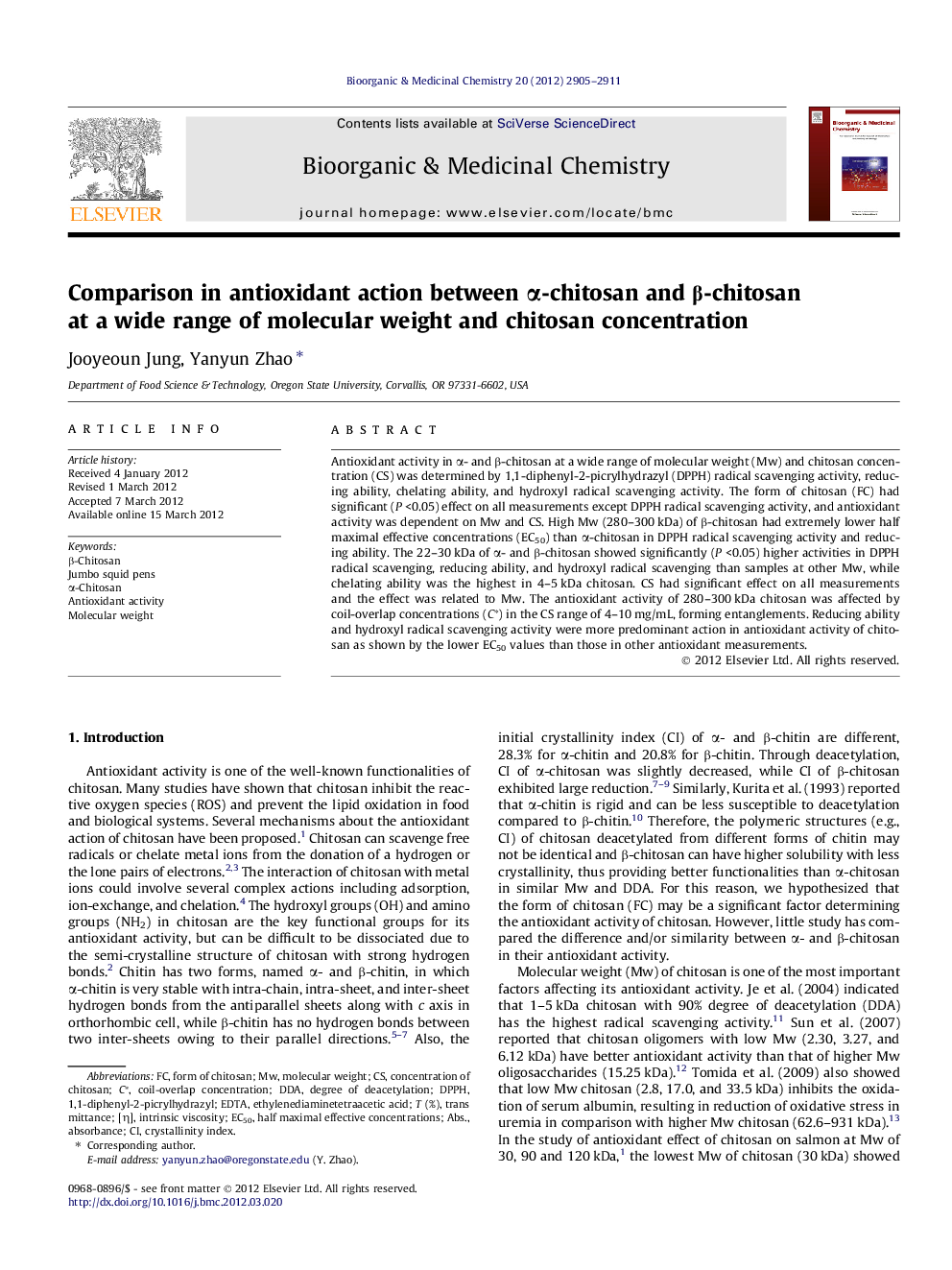 Comparison in antioxidant action between Î±-chitosan and Î²-chitosan at a wide range of molecular weight and chitosan concentration