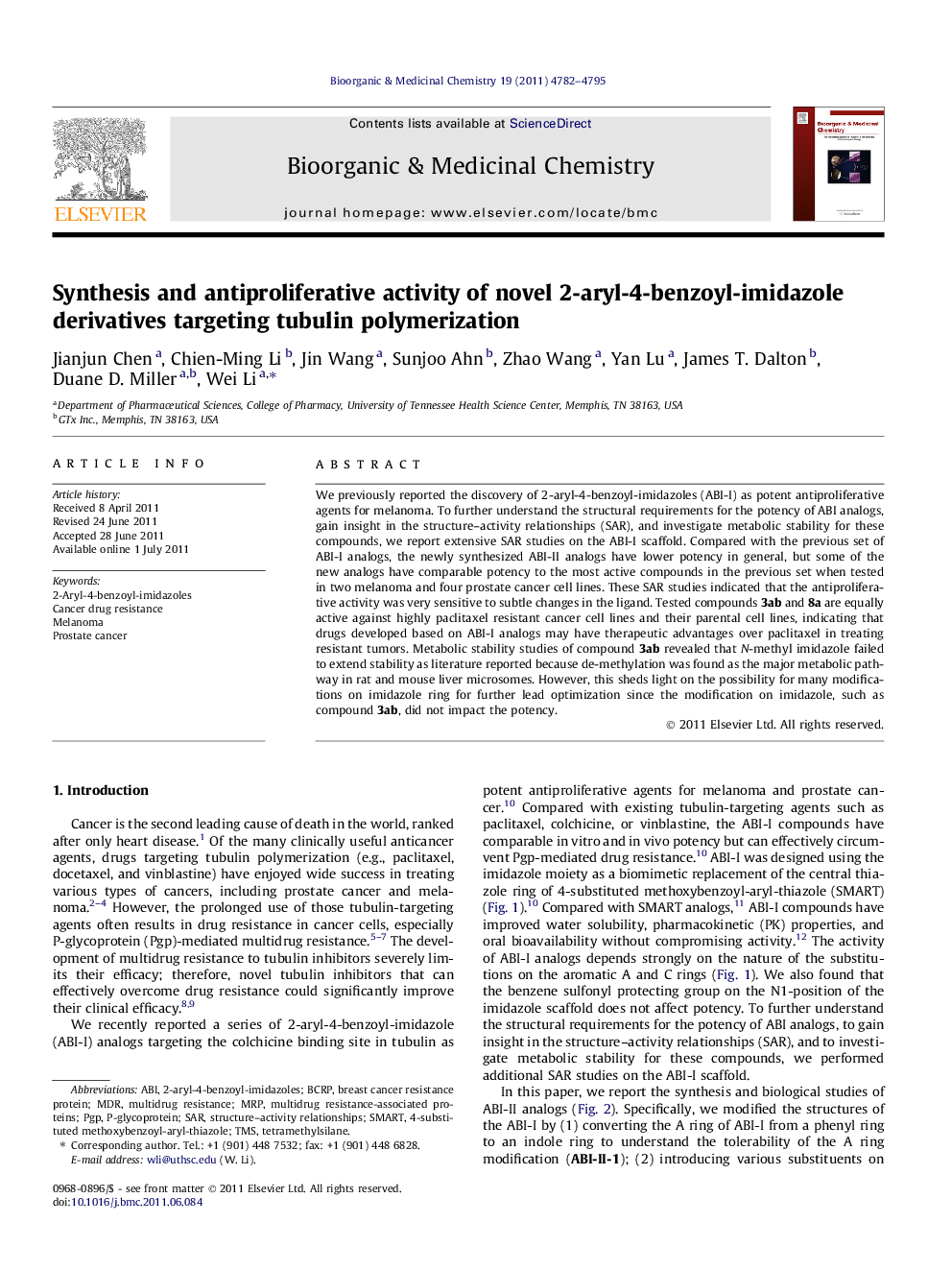 Synthesis and antiproliferative activity of novel 2-aryl-4-benzoyl-imidazole derivatives targeting tubulin polymerization