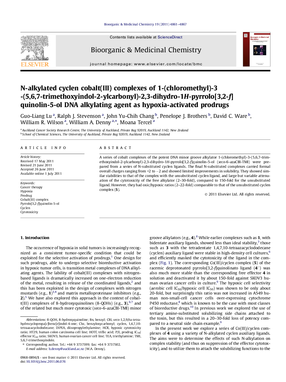 N-alkylated cyclen cobalt(III) complexes of 1-(chloromethyl)-3-(5,6,7-trimethoxyindol-2-ylcarbonyl)-2,3-dihydro-1H-pyrrolo[3,2-f]quinolin-5-ol DNA alkylating agent as hypoxia-activated prodrugs