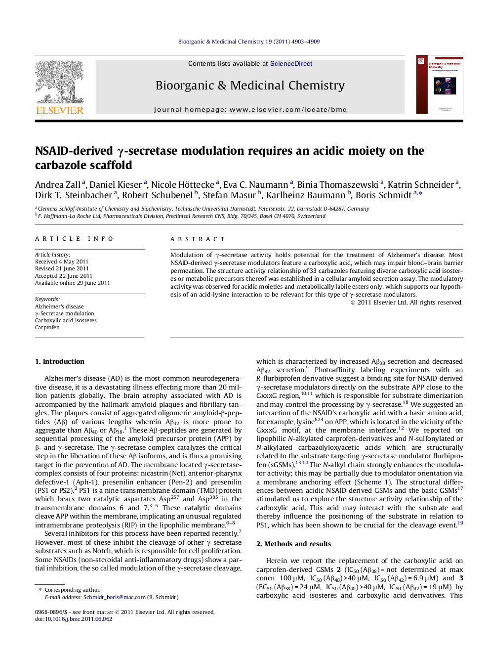 NSAID-derived Î³-secretase modulation requires an acidic moiety on the carbazole scaffold