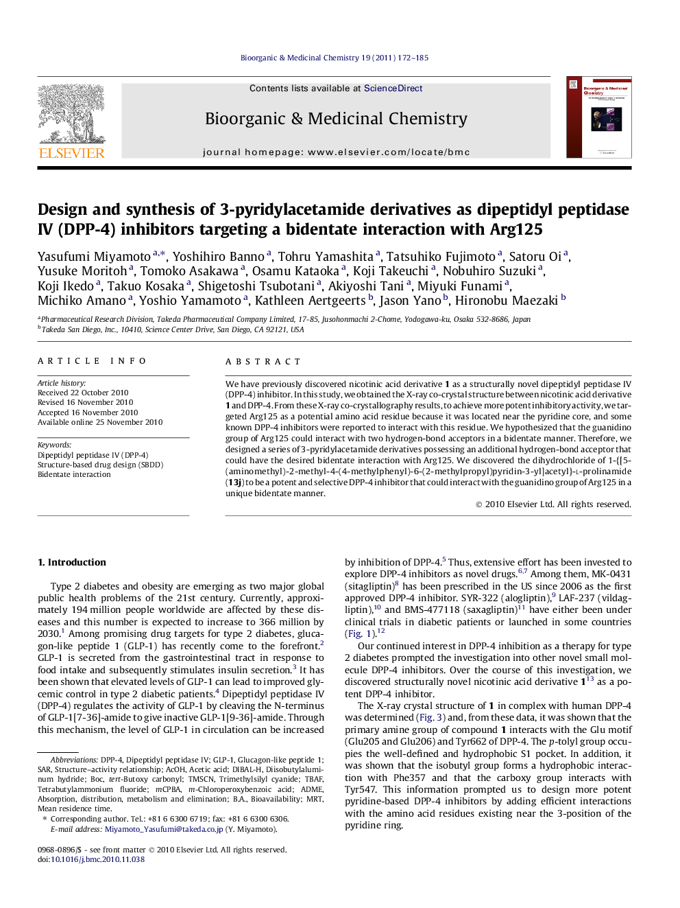 Design and synthesis of 3-pyridylacetamide derivatives as dipeptidyl peptidase IV (DPP-4) inhibitors targeting a bidentate interaction with Arg125