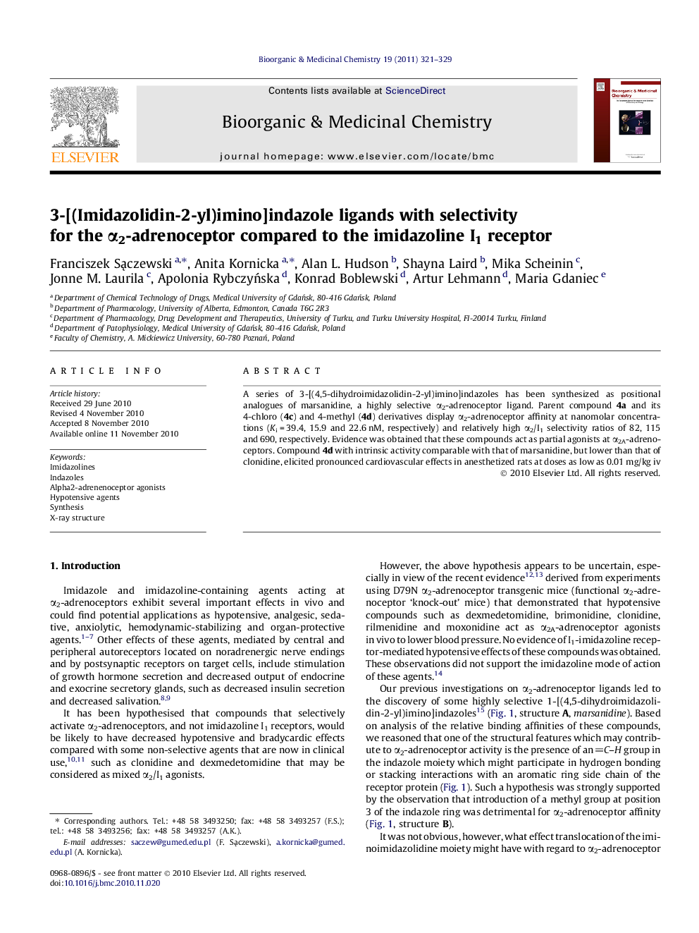 3-[(Imidazolidin-2-yl)imino]indazole ligands with selectivity for the Î±2-adrenoceptor compared to the imidazoline I1 receptor