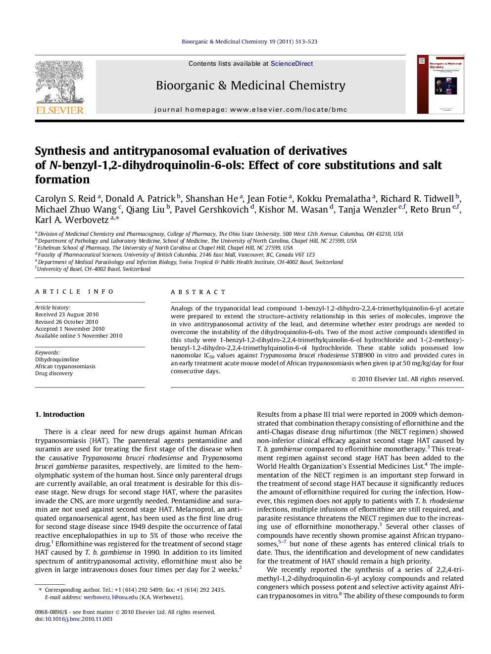 Synthesis and antitrypanosomal evaluation of derivatives of N-benzyl-1,2-dihydroquinolin-6-ols: Effect of core substitutions and salt formation