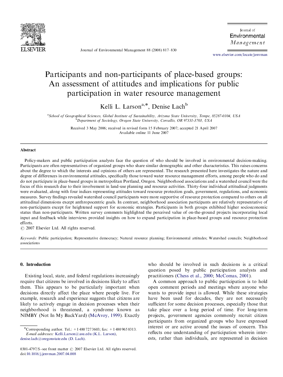 Participants and non-participants of place-based groups: An assessment of attitudes and implications for public participation in water resource management