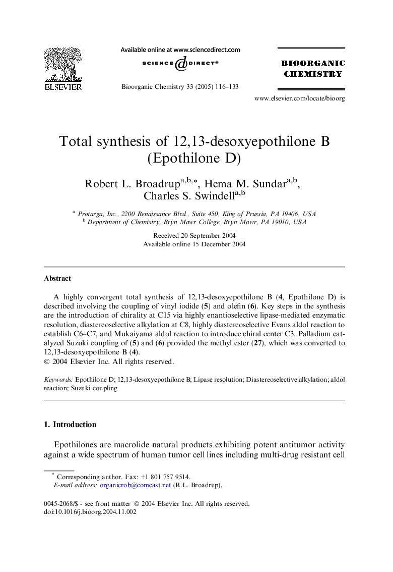 Total synthesis of 12,13-desoxyepothilone B (Epothilone D)