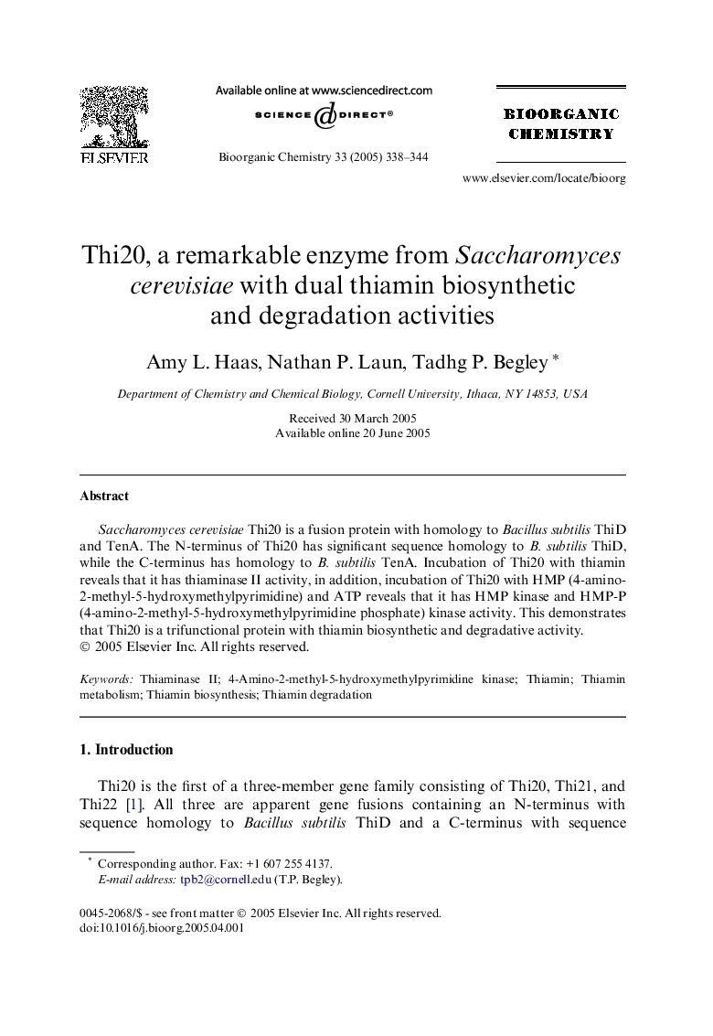 Thi20, a remarkable enzyme from Saccharomyces cerevisiae with dual thiamin biosynthetic and degradation activities