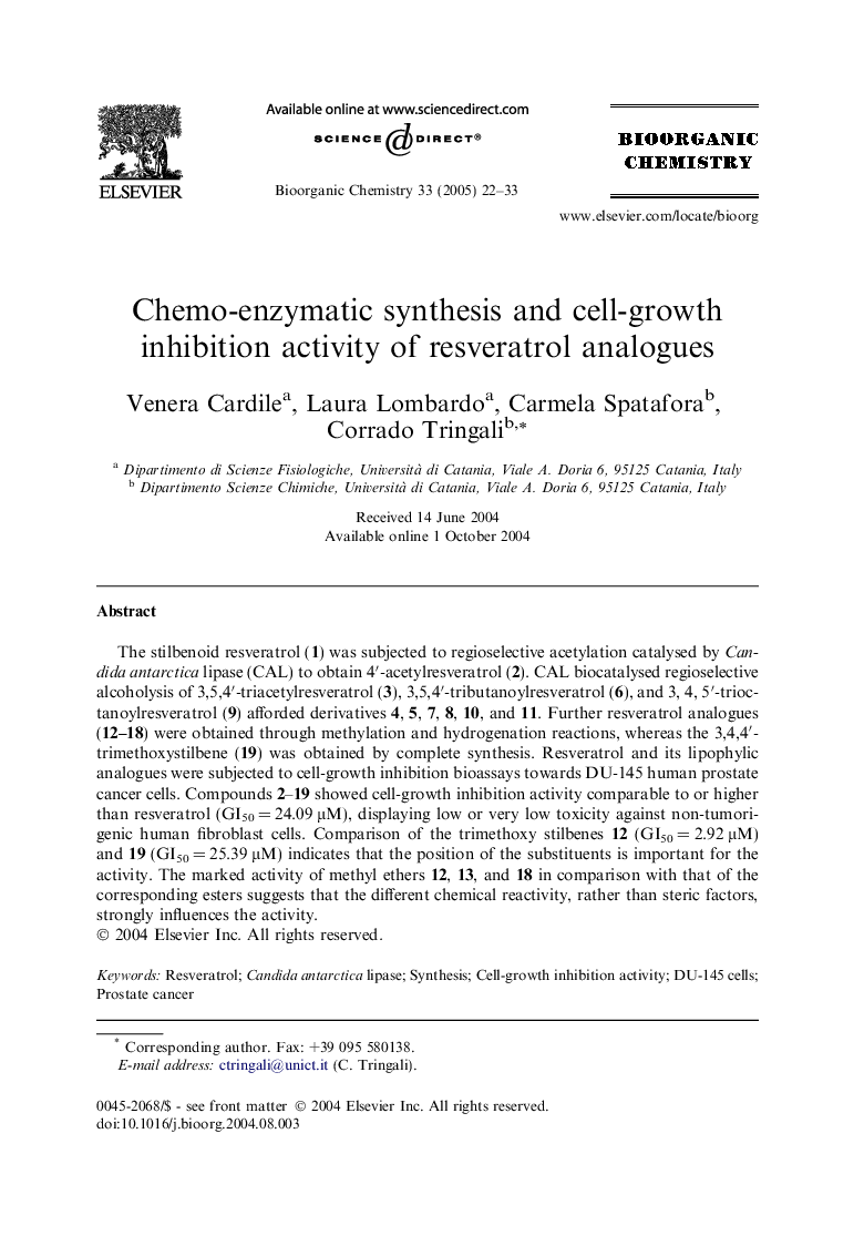 Chemo-enzymatic synthesis and cell-growth inhibition activity of resveratrol analogues